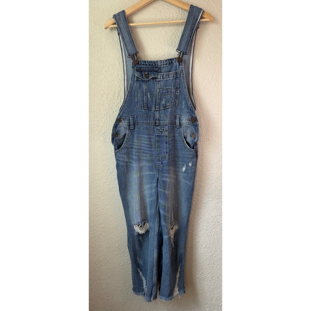 Sincerely Jules Womens Distressed Denim Overalls Medium Wash Frayed Hem Size S‎